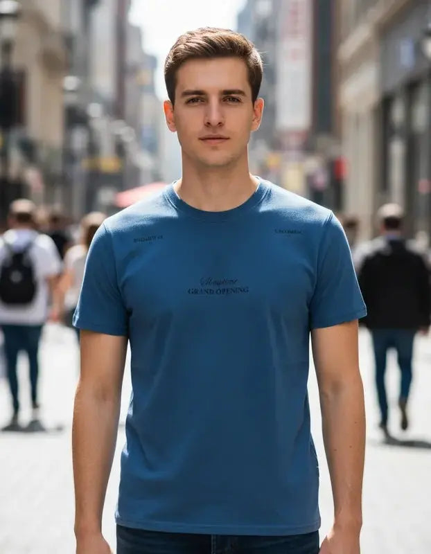 Hombre posando en una calle concurrida con camiseta color azul petróleo de la colección Showtime de Dubrovnik, destacando el texto "Grand Opening" en el pecho y detalles en los hombros