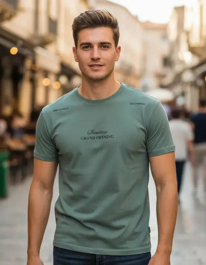 Hombre posando en una calle europea con camiseta color verde salvia de la marca Dubrovnik, destacando el gráfico frontal "Showtime Grand Opening" y detalles tipográficos en los hombros