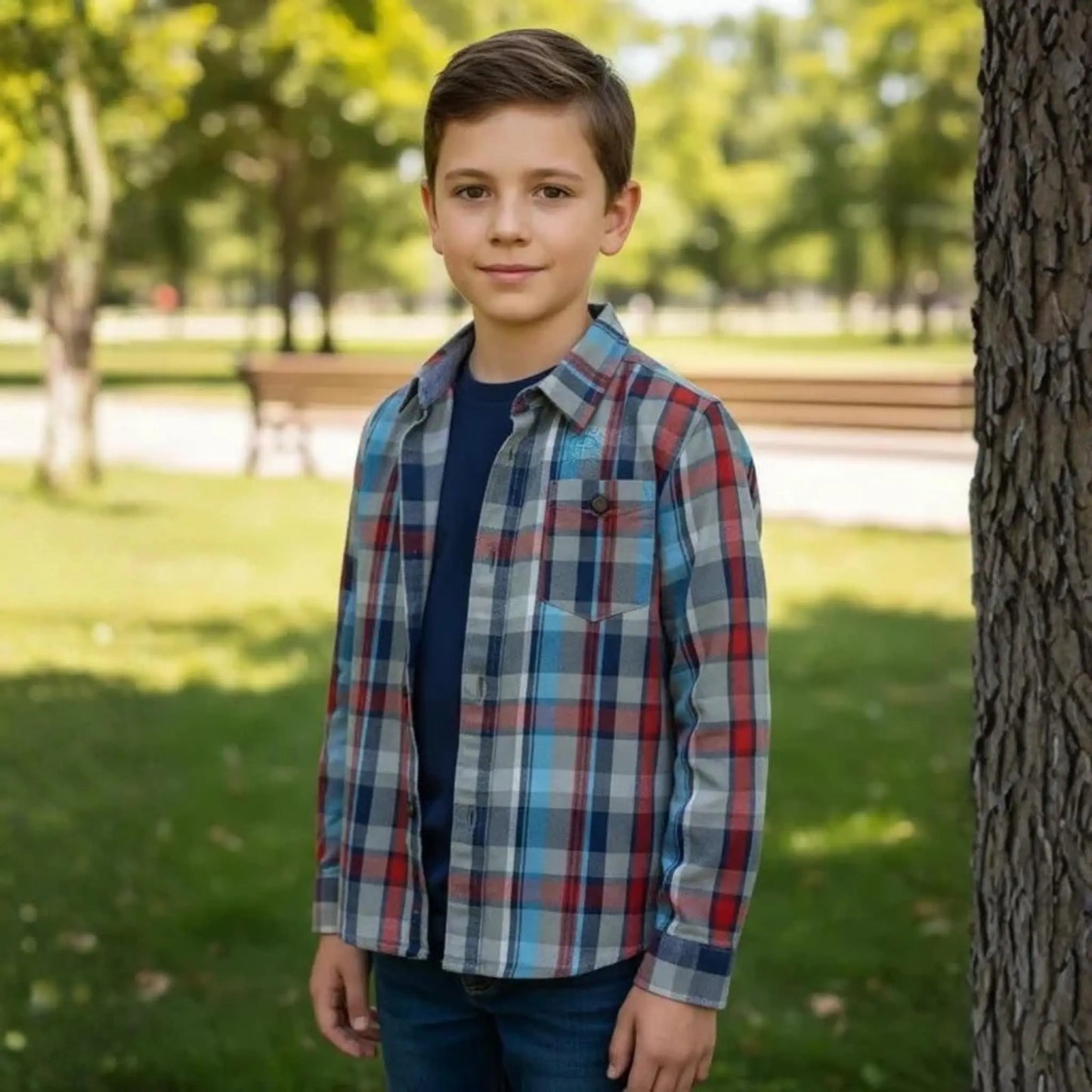 Niño con camisa abierta de cuadros azules y grises sobre camiseta azul marino en un parque