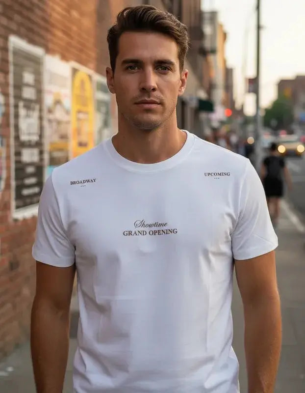 Primer plano de hombre con camiseta blanca de la colección Showtime de Dubrovnik, con el texto "Grand Opening" en el pecho y detalles tipográficos en los hombros, en un entorno urbano