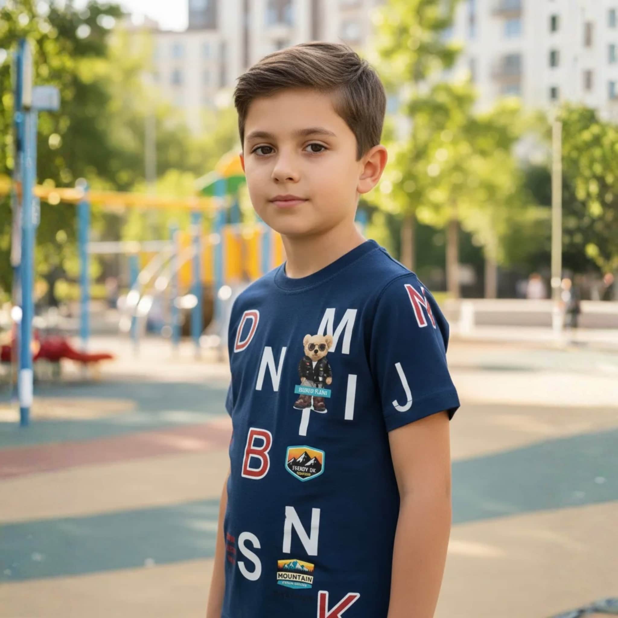 Niño posando con camiseta azul marino de manga larga con gráficos de letras blancas, rojas y parche de oso en un parque infantil