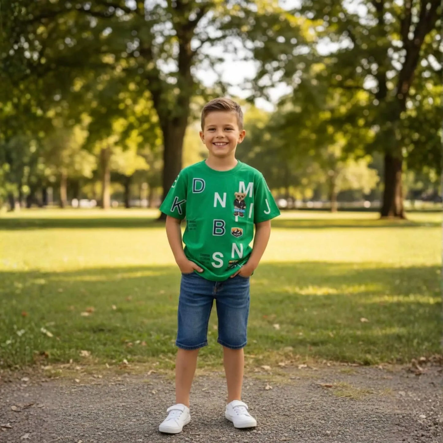 Niño sonriendo con camiseta verde de manga corta con estampados gráficos blancos y bermudas vaqueras en un parque