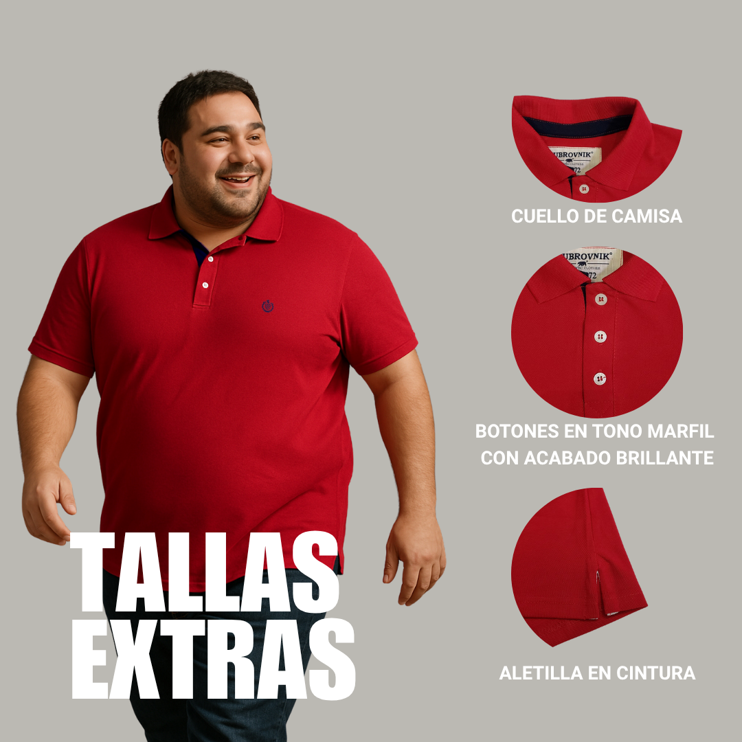 Infografía de polo Dubrovnik en color rojo para tallas extras, destacando el cuello tipo camisa, botones tono marfil con acabado brillante y aletilla reforzada en cintura para mayor confort