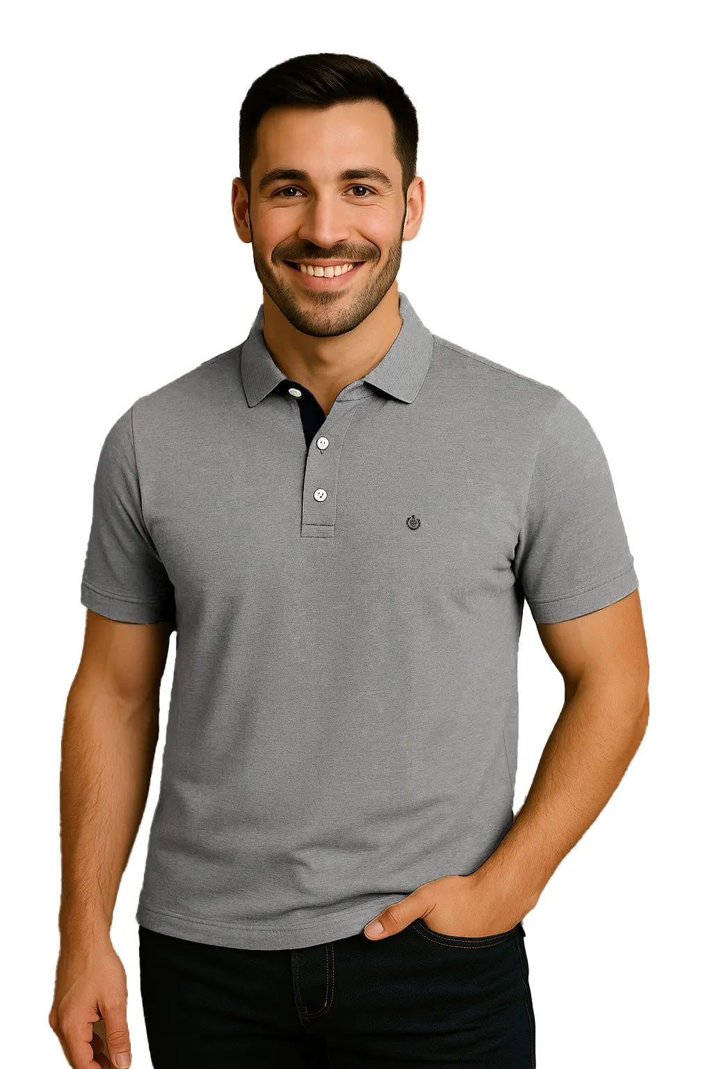 Hombre joven sonriendo con un polo de manga corta en color gris medio jaspeado, destacando el contraste azul marino en el cuello y el escudo bordado de Dubrovnik