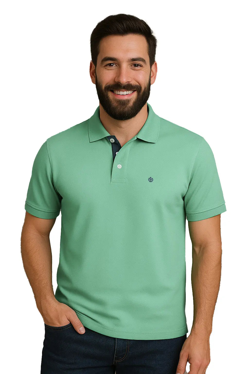 Hombre con barba sonriendo con un polo de manga corta en color verde jade suave, con contraste azul marino en la carterita interna del cuello y logotipo bordado, de la marca Dubrovnik