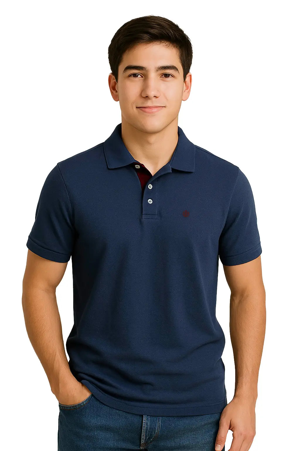 Modelo joven vistiendo un polo Dubrovnik azul marino en corte regular fit, mostrando el detalle de la carterita interna en color granate y logotipo bordado en el pecho