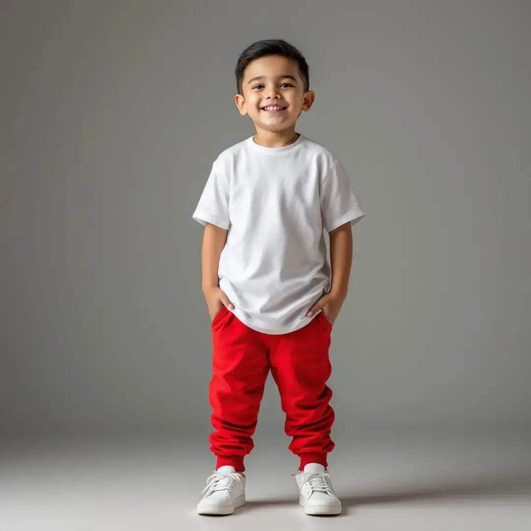 Niño sonriendo con las manos en los bolsillos vistiendo una playera blanca de cuello redondo y pantalón rojo brillante, resaltando la versatilidad de la línea básica de Dubrovnik Kids