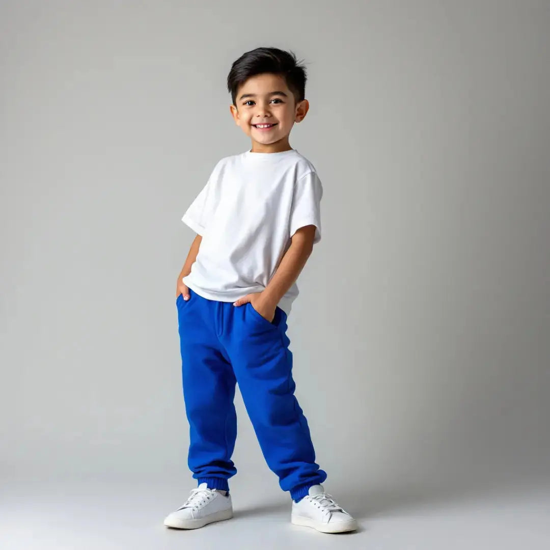 Niño sonriendo con las manos en los bolsillos vistiendo una playera blanca básica de cuello redondo y pantalón deportivo azul rey, resaltando la frescura de la colección Dubrovnik Kids