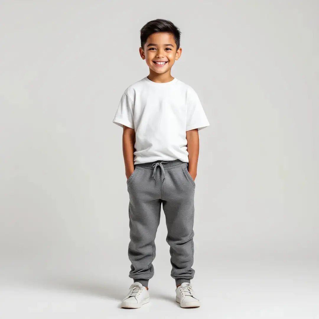 Niño sonriendo con las manos en los bolsillos vistiendo una playera blanca de cuello redondo en corte clásico, combinada con pantalón gris, de la colección Dubrovnik Kids