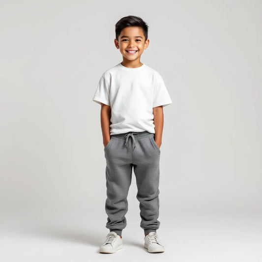 Niño sonriendo con las manos en los bolsillos vistiendo una playera blanca de cuello redondo en corte clásico, combinada con pantalón gris, de la colección Dubrovnik Kids