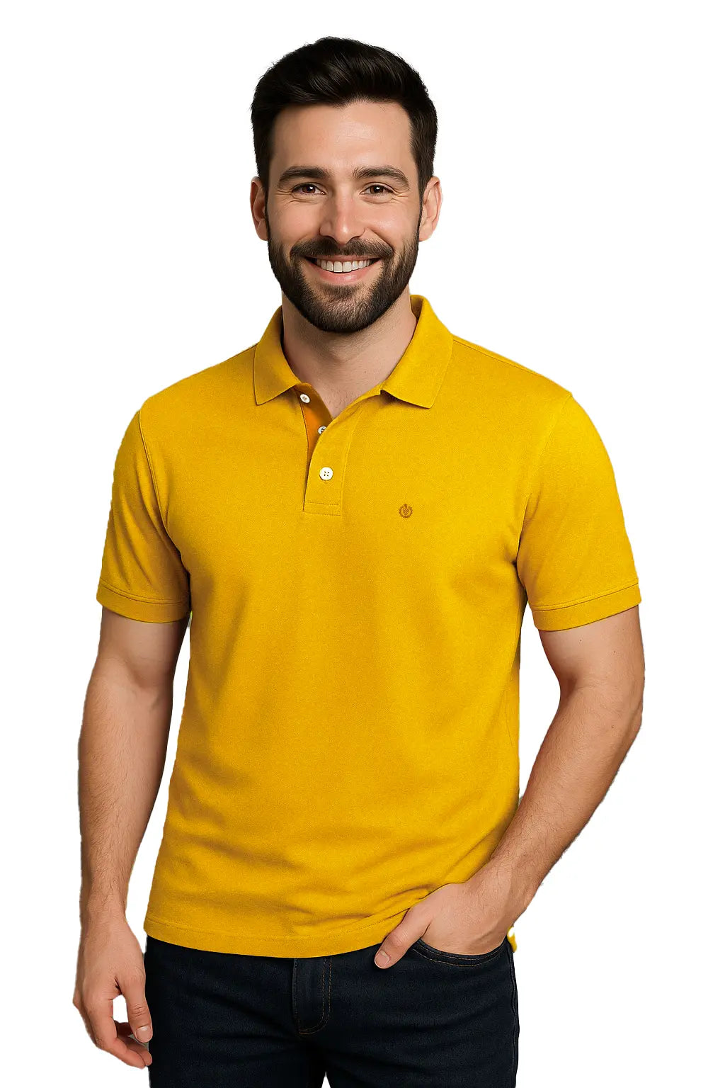 rimer plano de hombre sonriendo con polo de manga corta color amarillo oro, resaltando el detalle de la carterita interna en tono mostaza y el logotipo bordado de la marca Dubrovnik
