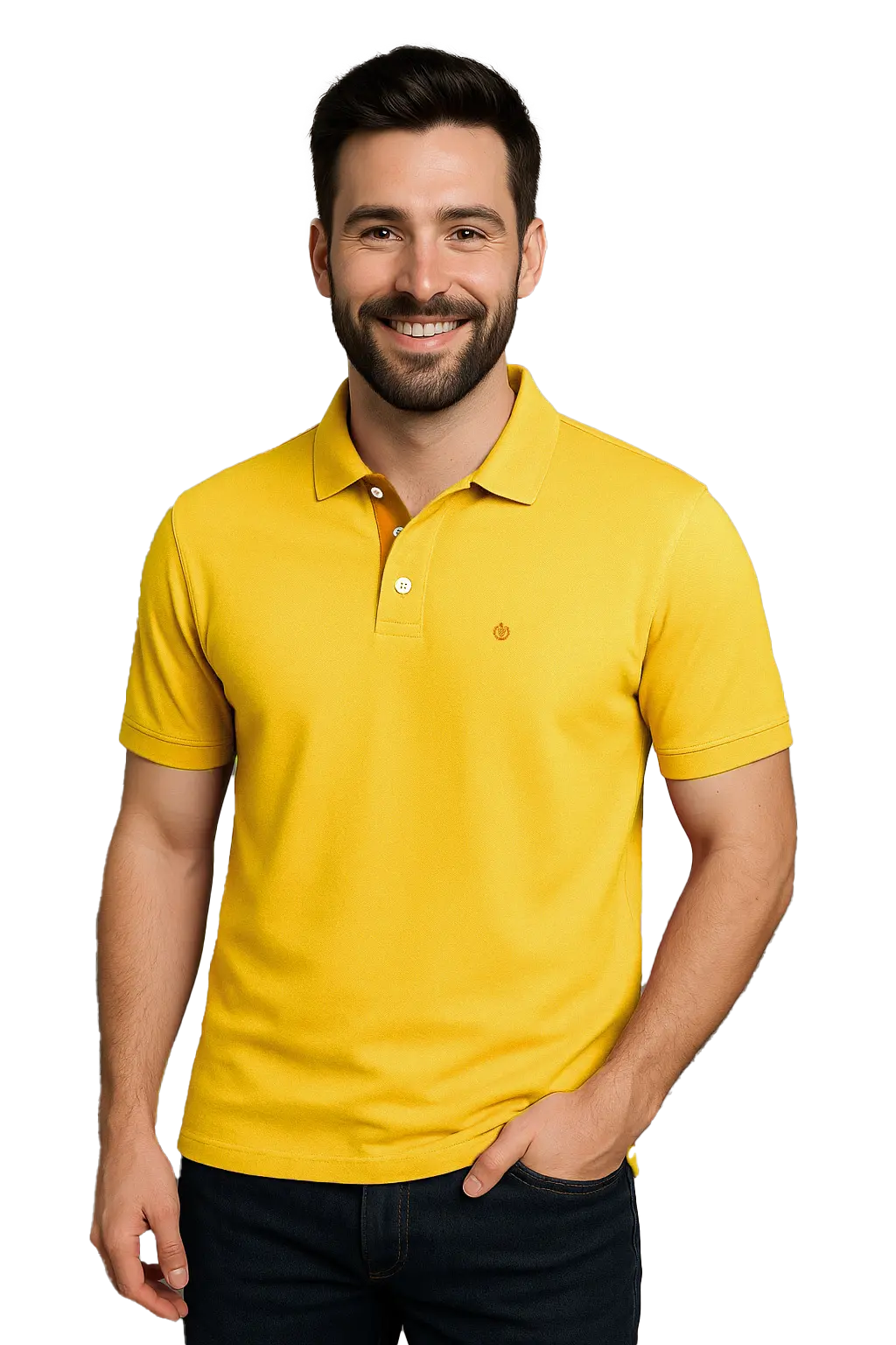 Hombre sonriendo con un polo de manga corta en color amarillo oro vibrante, con detalle de carterita interna en tono mostaza y logotipo de escudo bordado, sobre fondo transparente, de la marca Dubrovnik