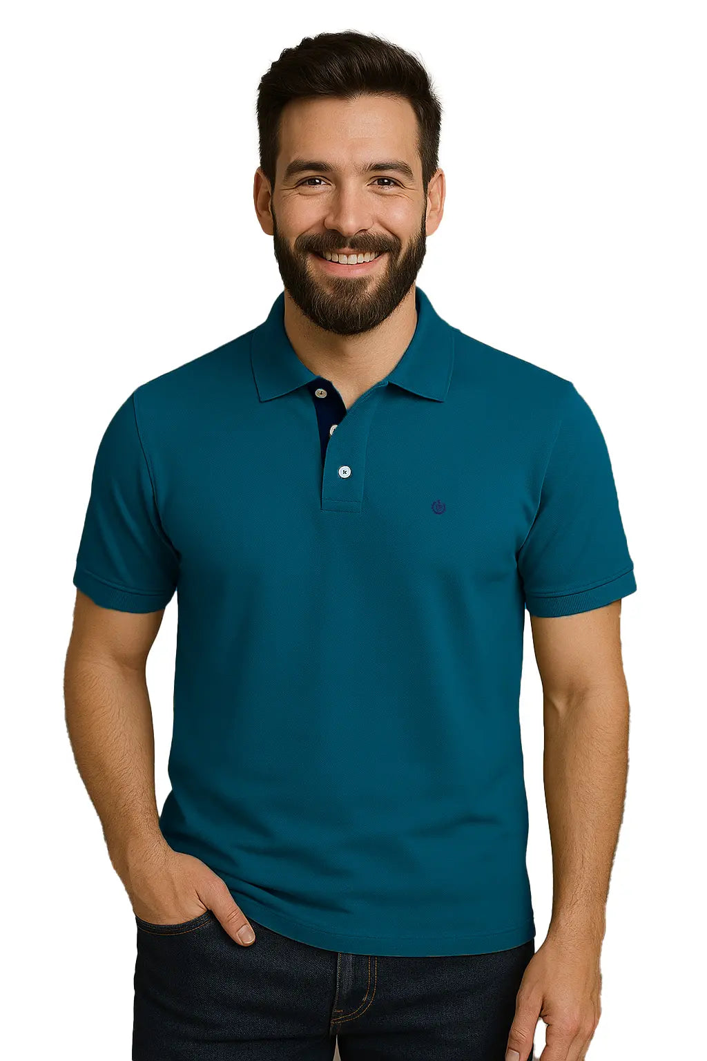 ombre con barba sonriendo con un polo de manga corta en color azul cerceta, con contraste azul marino en la carterita interna del cuello y logotipo bordado, de la marca Dubrovnik