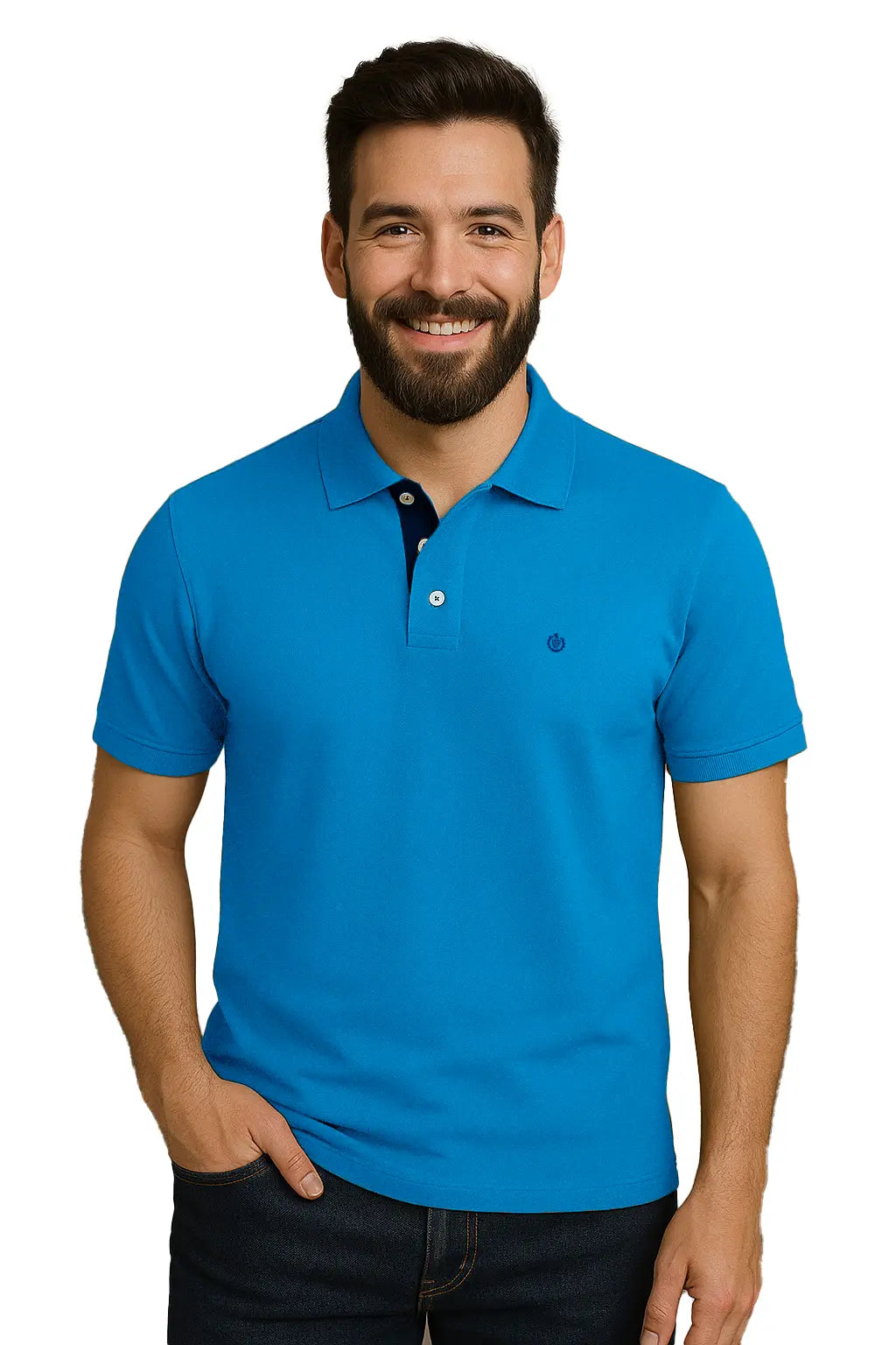 Hombre joven sonriendo con un polo de manga corta en color azul cerúleo, con contraste azul marino en la carterita interna del cuello y escudo bordado en el pecho, de Dubrovnik