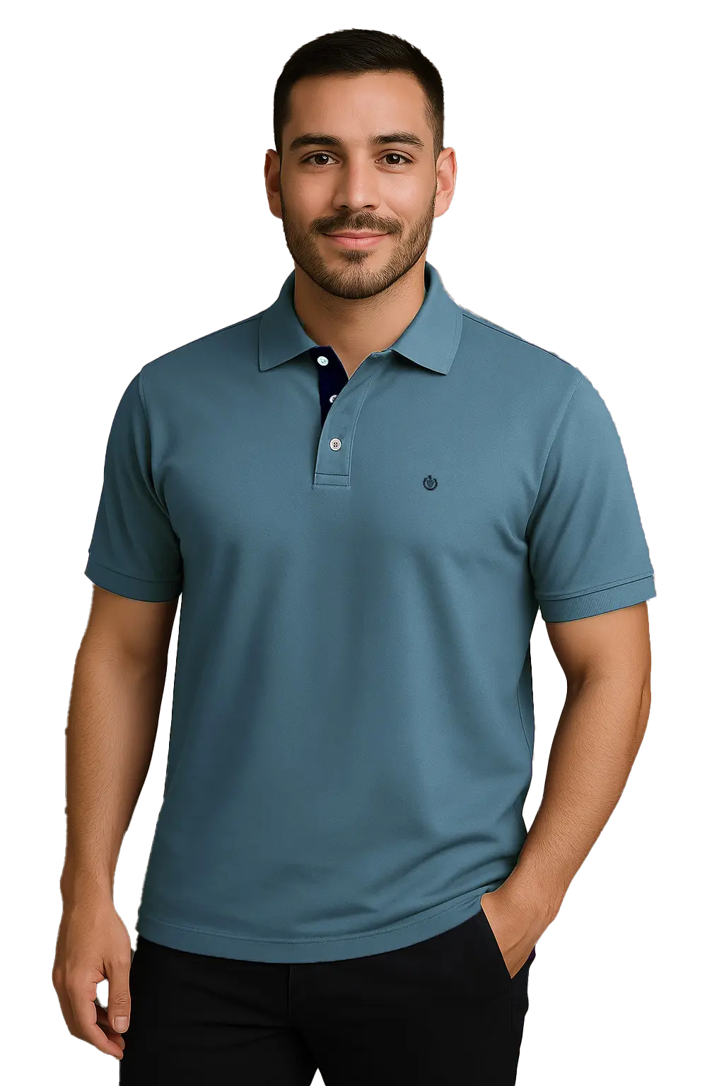 Hombre joven con barba vistiendo un polo de manga corta en color azul petróleo, con contraste azul marino en la carterita del cuello y escudo bordado, sobre fondo transparente, de la marca Dubrovnik