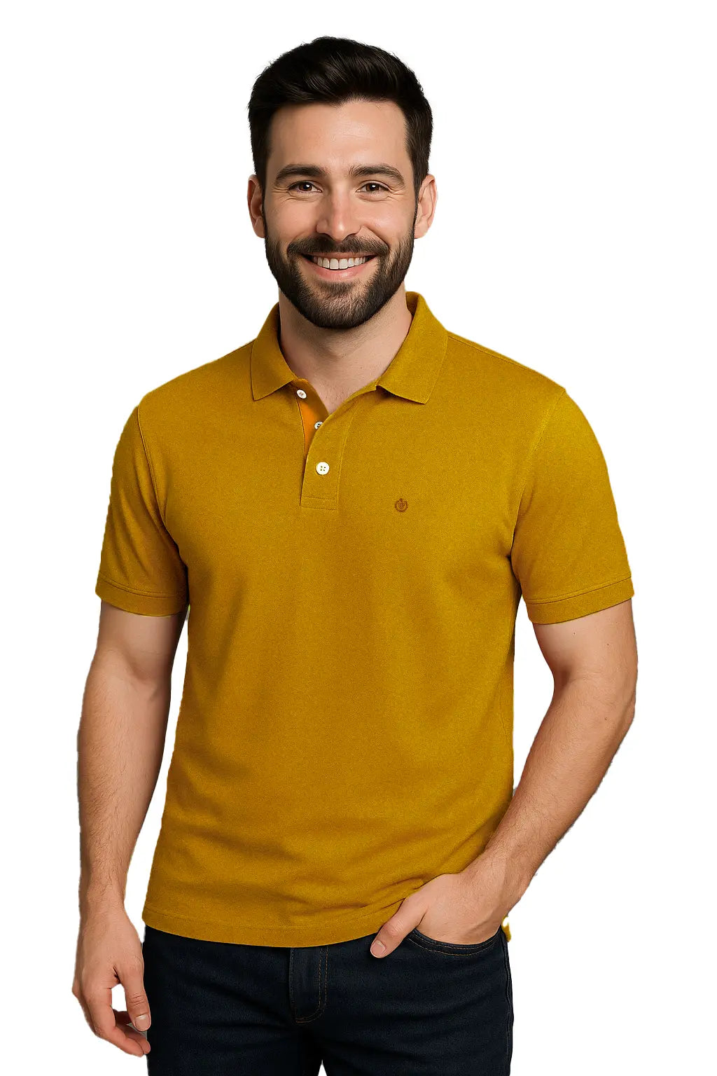Hombre con barba sonriendo con un polo de manga corta en color mostaza jaspeado, con detalle de carterita interna en tono naranja oro y escudo bordado, de la marca Dubrovnik