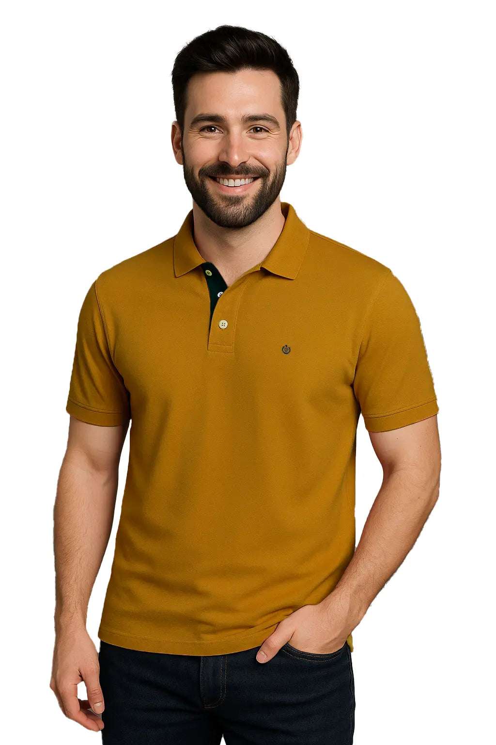 Hombre con barba sonriendo con un polo de manga corta en color amarillo mostaza sólido, combinado con jeans oscuros, resaltando el detalle de carterita interna en verde bosque, de la marca Dubrovnik