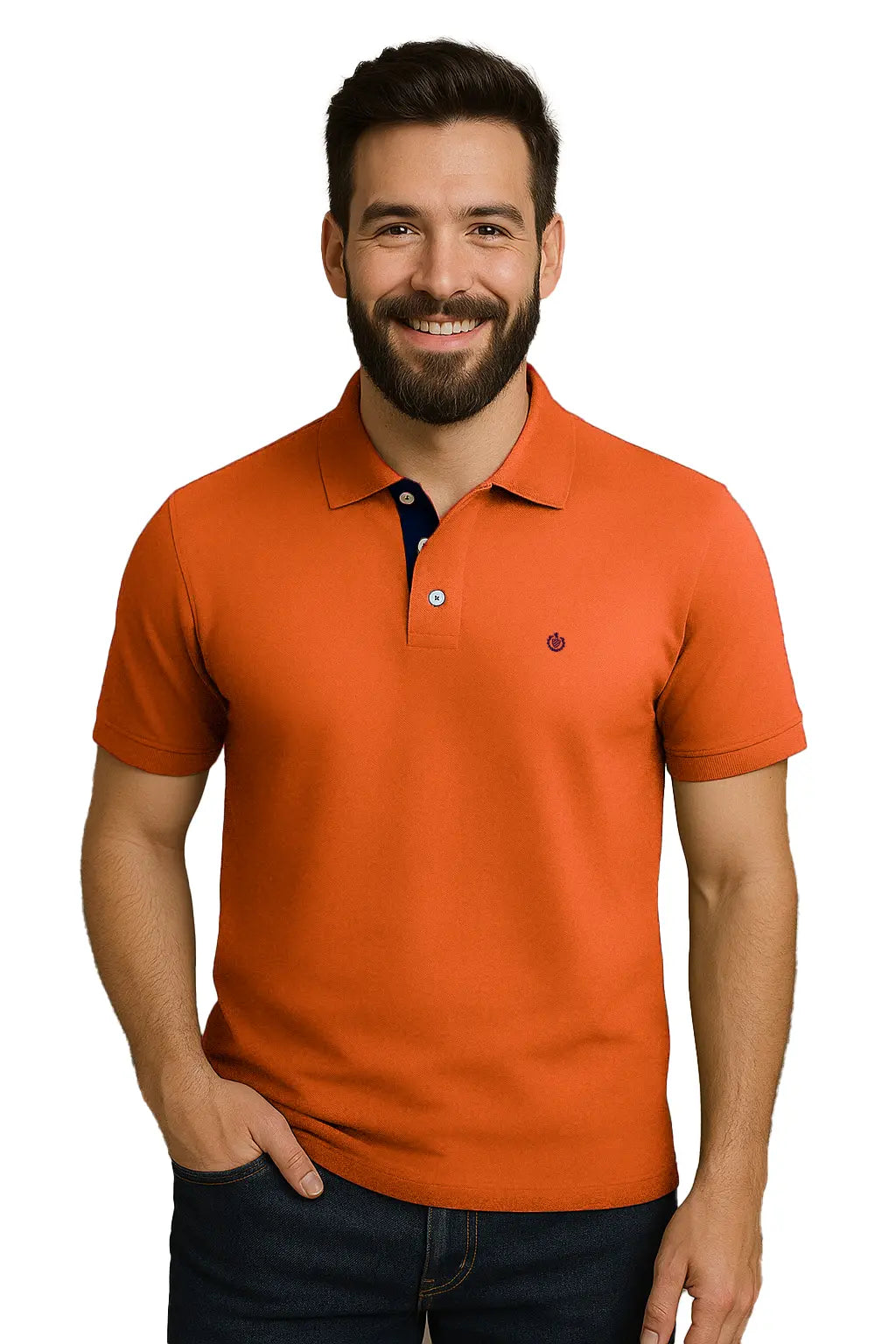Hombre con barba sonriendo con un polo de manga corta en color naranja vibrante, con contraste azul marino en la carterita interna del cuello y logotipo de escudo bordado, de la marca Dubrovnik