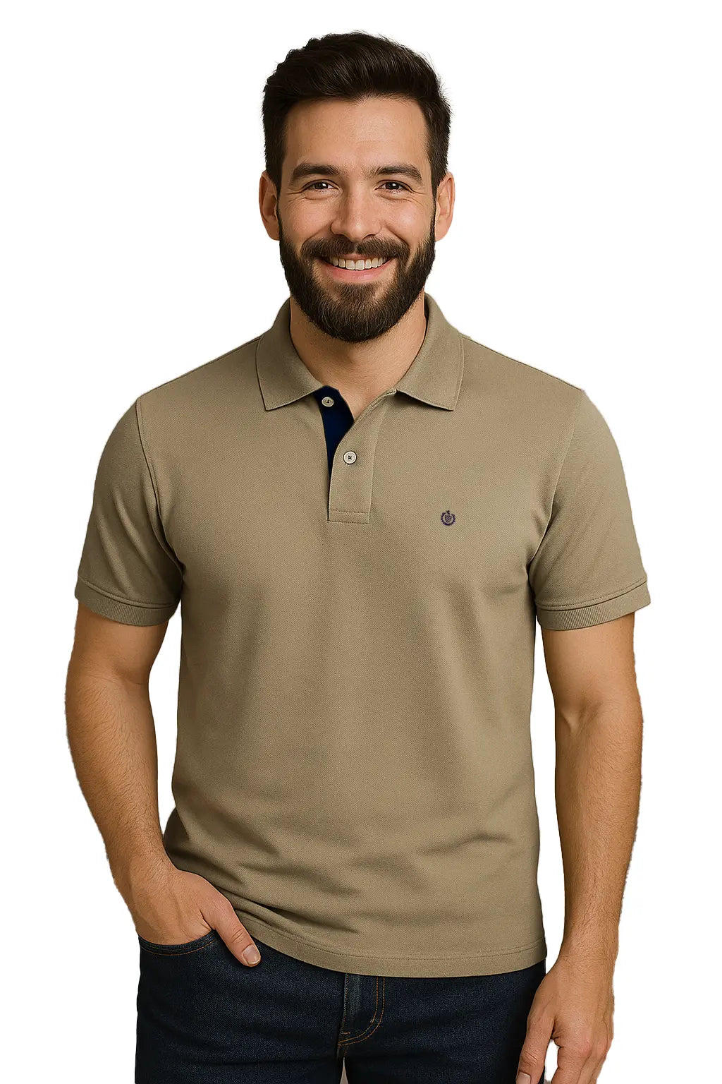 Hombre joven con barba sonriendo con un polo de manga corta en color oliva claro o kaki, destacando la carterita interna en azul marino y el escudo bordado de la marca Dubrovnik