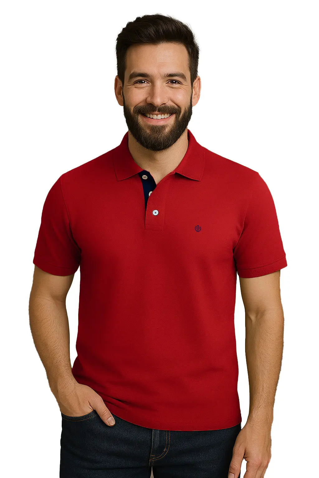 Hombre joven con barba sonriendo con un polo de manga corta en color rojo carmesí vibrante, con contraste azul marino en la carterita interna del cuello y escudo bordado, de la marca Dubrovnik