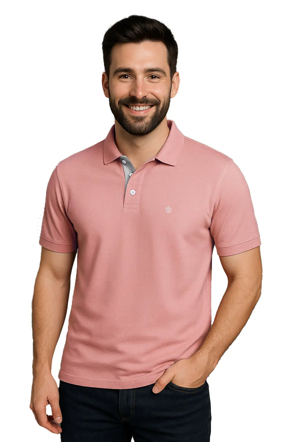 Hombre con barba sonriendo, vistiendo un polo de manga corta en color rosa pastel con contraste gris claro en la carterita del cuello y escudo bordado en el pecho, de la marca Dubrovnik