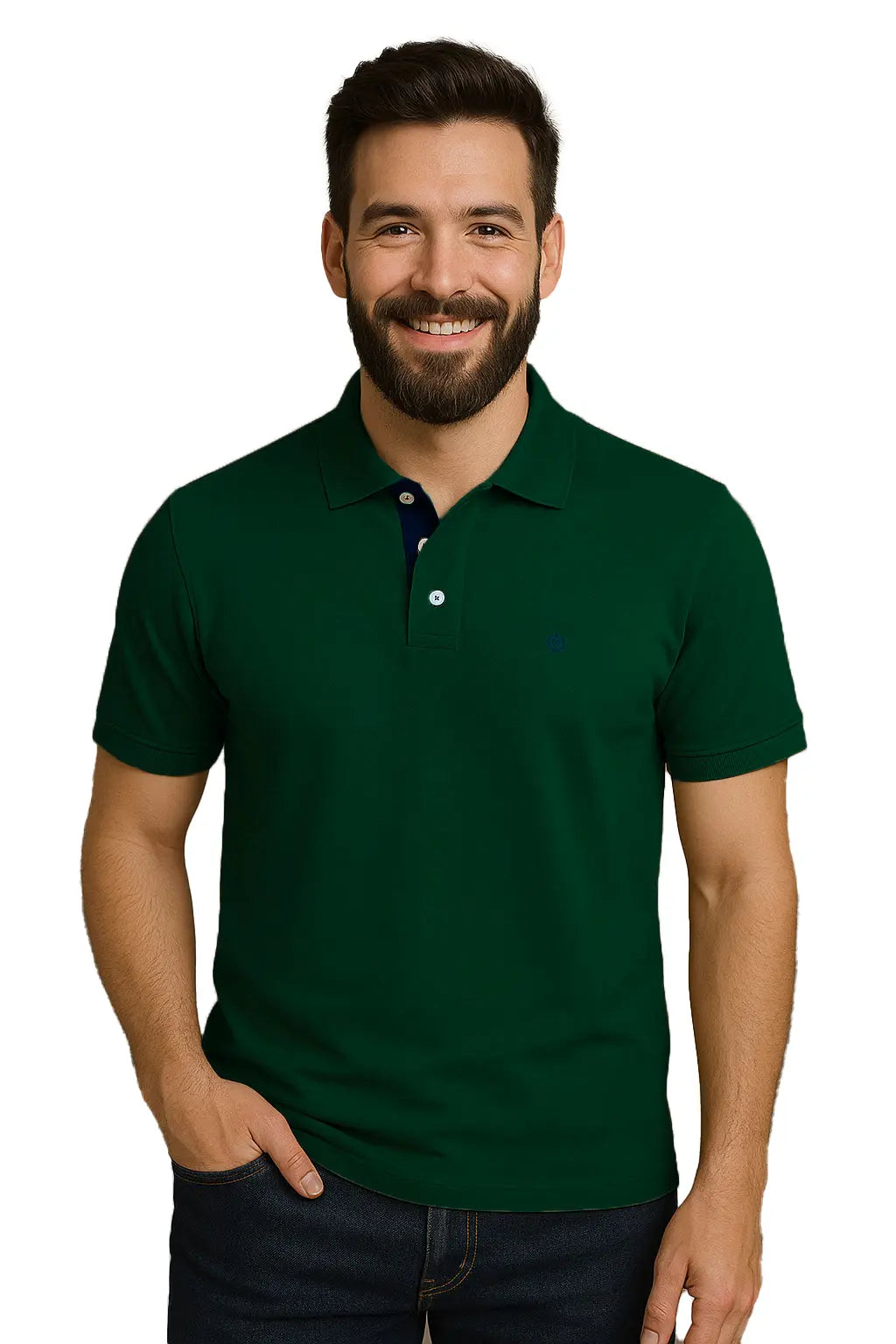 Hombre con barba sonriendo con un polo de manga corta en color verde bosque profundo, con detalle de carterita interna en azul marino y escudo bordado discreto, de la marca Dubrovnik