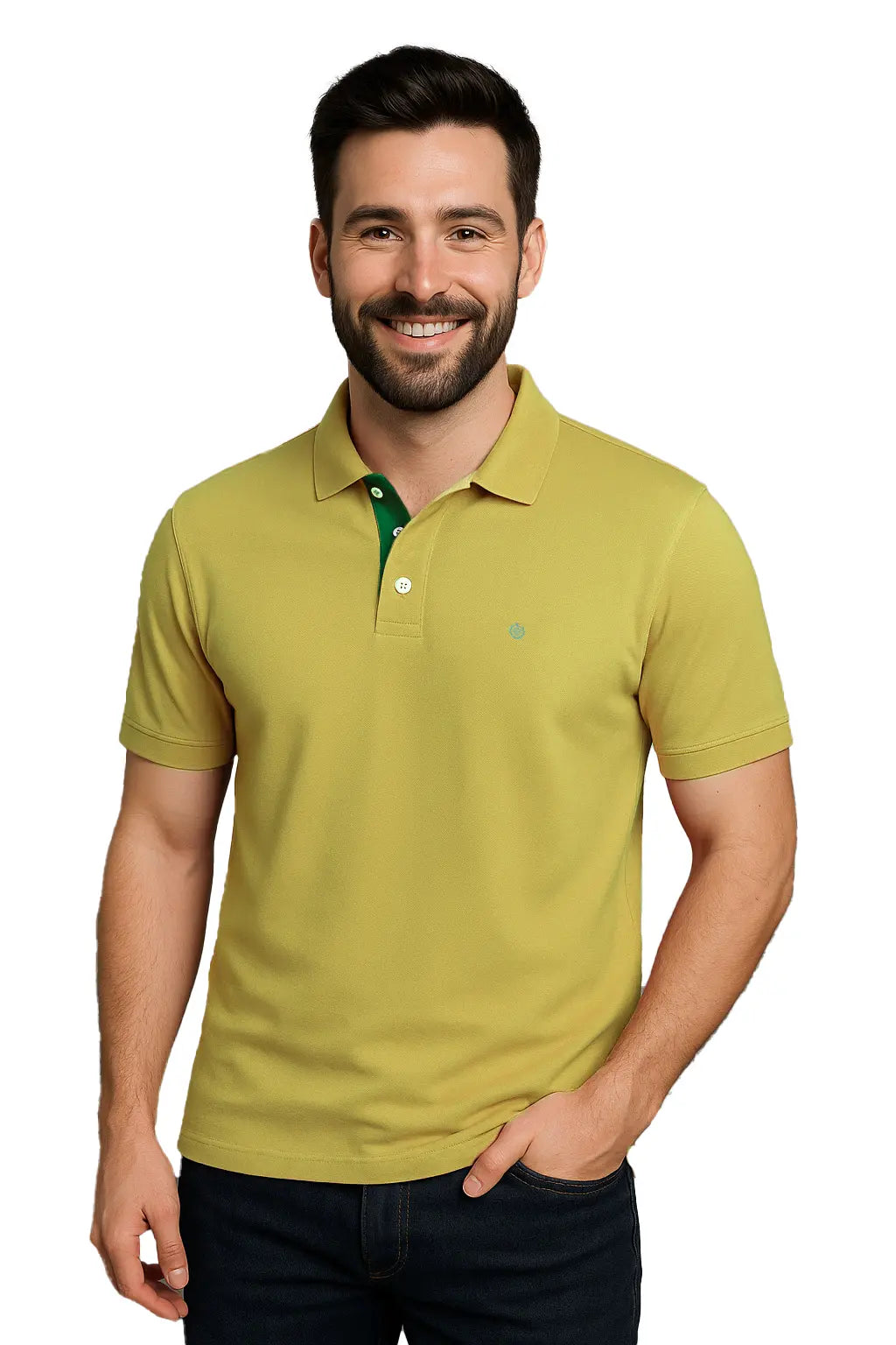 Hombre joven con barba sonriendo con un polo de manga corta en color verde lima suave, con contraste interno en verde bosque en la carterita del cuello y escudo bordado, de la marca Dubrovnik
