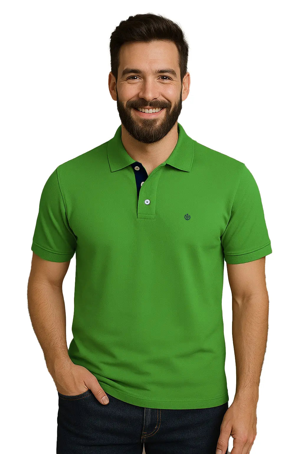 Hombre con barba sonriendo con un polo de manga corta en color verde trébol vibrante, con contraste azul marino en la carterita interna del cuello y escudo bordado, de la marca Dubrovnik