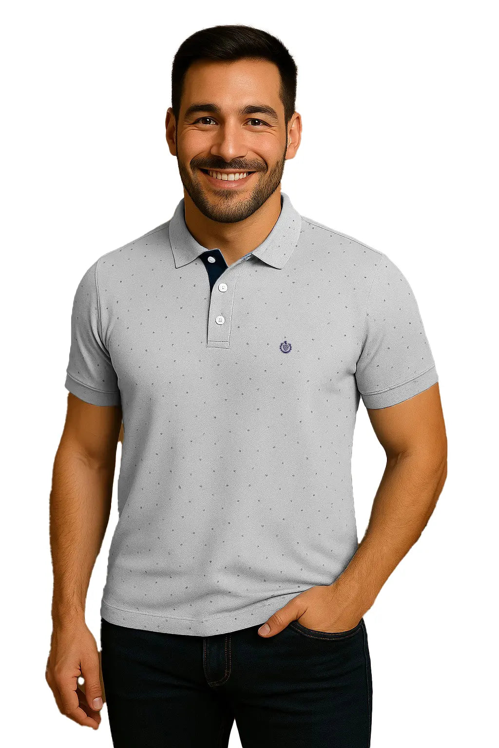 Hombre sonriendo con un polo de manga corta en color gris claro jaspeado con micro-estampado de puntos, cuello con contraste azul marino y logotipo bordado de Dubrovnik