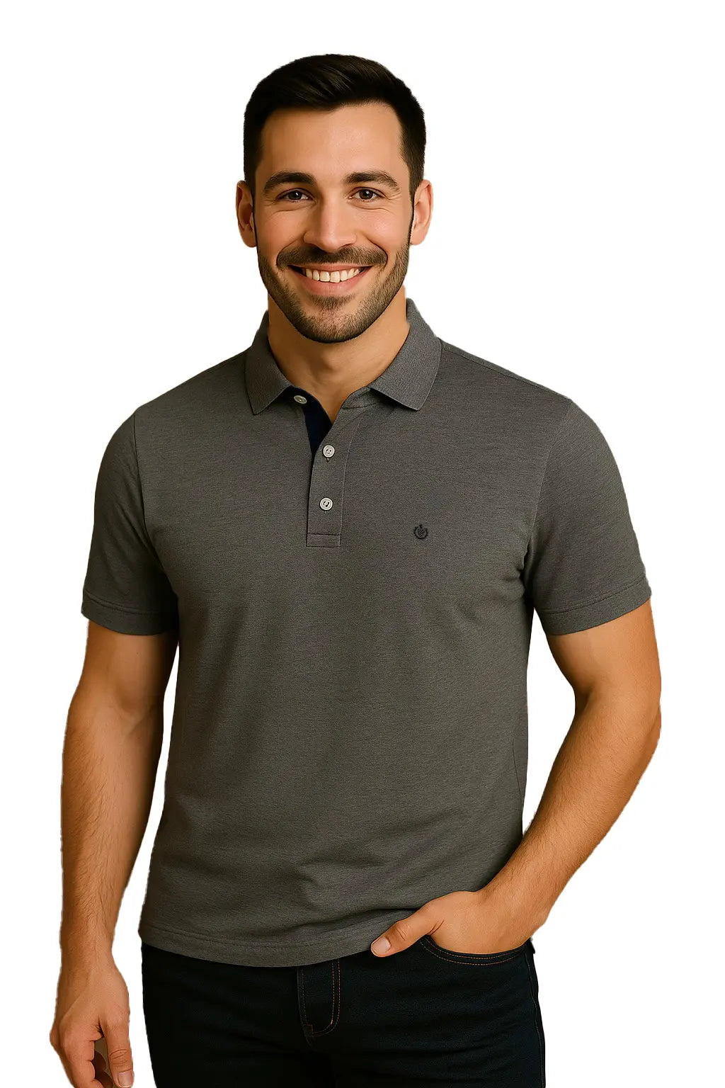 Hombre con barba sonriendo, vistiendo un polo de manga corta en color gris oxford jaspeado, con contraste azul marino en la carterita del cuello y logotipo bordado, de la marca Dubrovnik