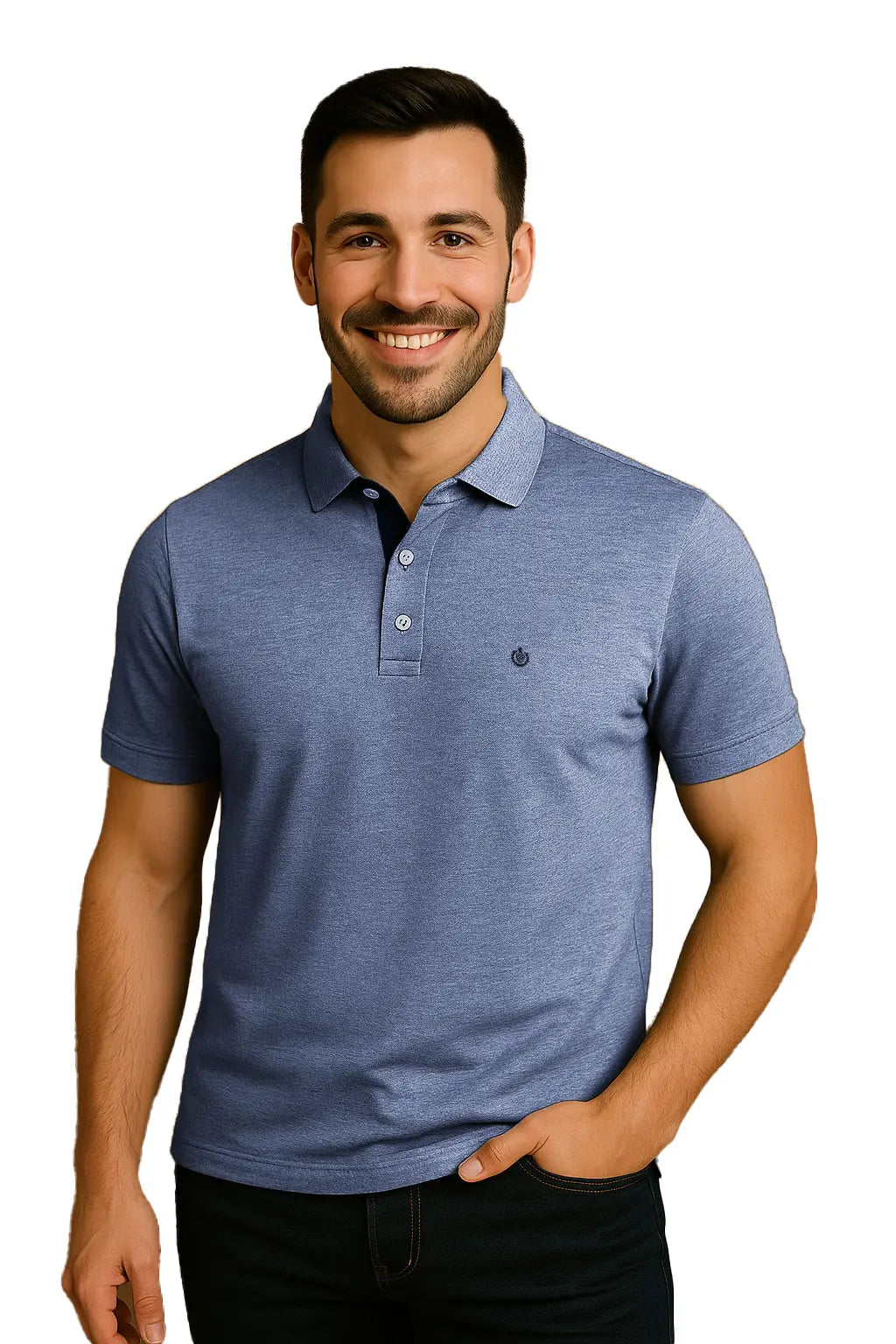 Modelo sonriendo con polo Dubrovnik azul jaspe en corte regular, destacando la carterita interna en azul marino y el logotipo bordado en el pecho