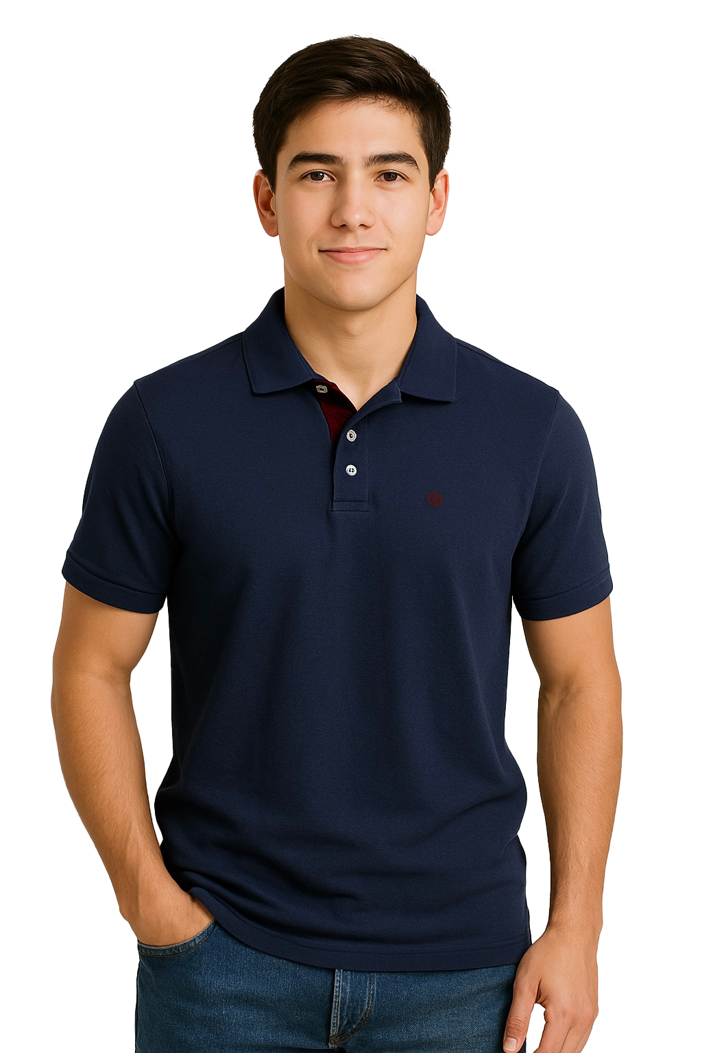 Modelo joven con polo Dubrovnik azul marino de corte regular, resaltando el contraste tinto en la carterita interna del cuello y el logotipo bordado en el pecho