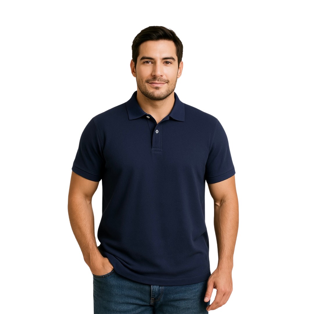 Modelo con polo Dubrovnik azul marino de corte regular, confeccionado en piqué premium 50/50 con ajuste moderno y botones en contraste claro