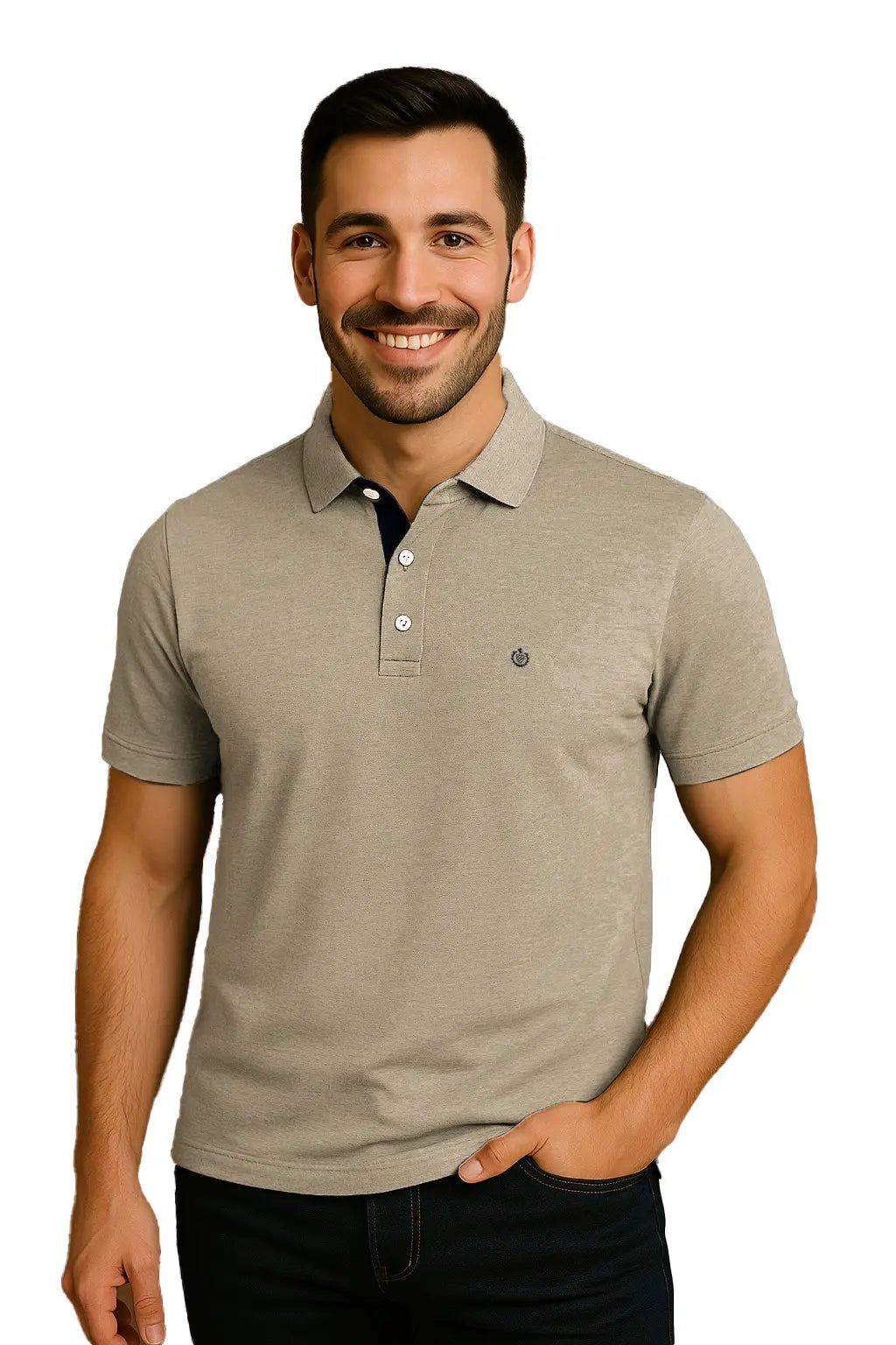 Modelo con polo Dubrovnik color arena de corte regular, destacando el contraste azul marino en el cuello y el escudo bordado circular