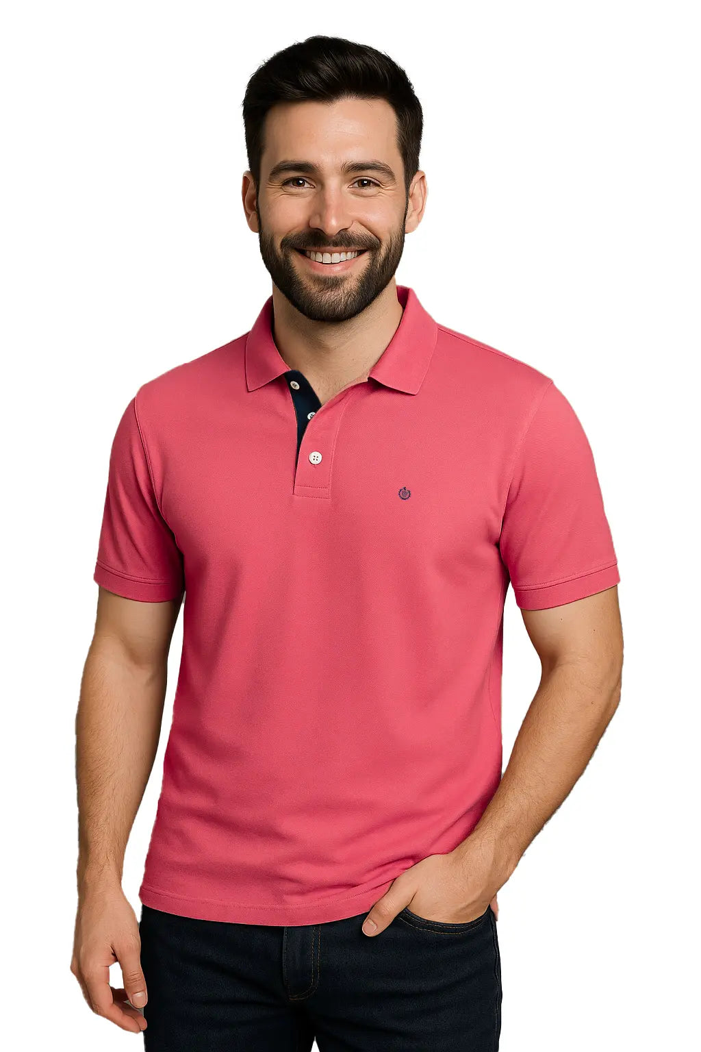 Modelo con polo Dubrovnik color coral de corte regular, resaltando el contraste azul marino en la carterita del cuello y el escudo bordado circular