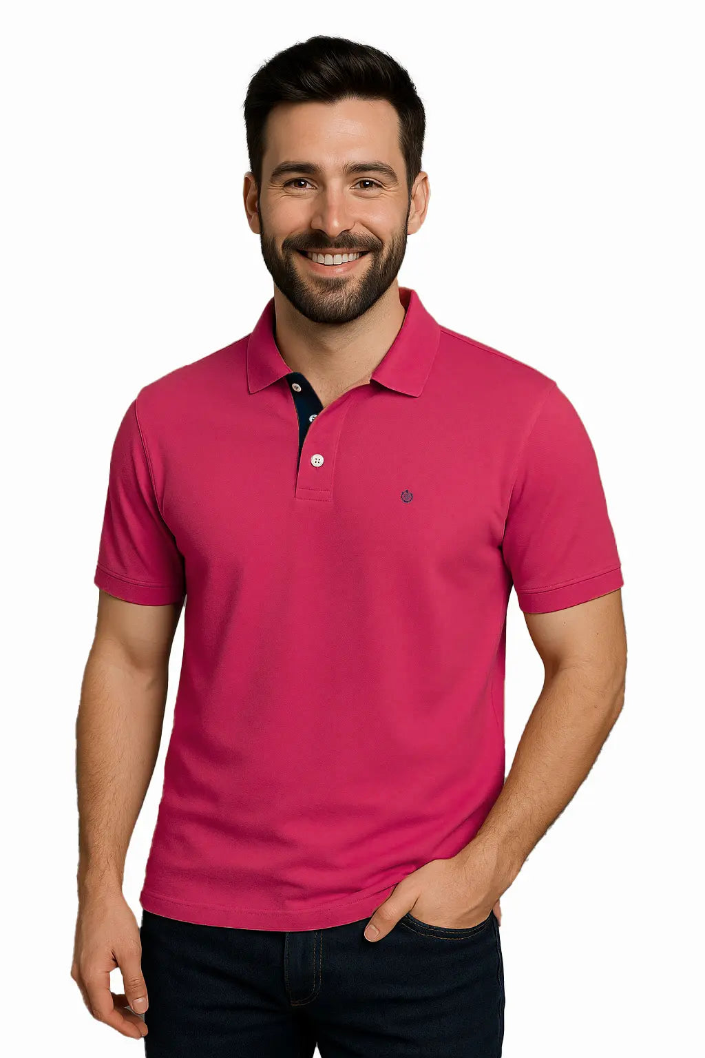 Retrato de modelo con polo Dubrovnik rosa fucsia vibrante, mostrando el ajuste del cuello y el contraste azul marino de la carterita interna en primer plano