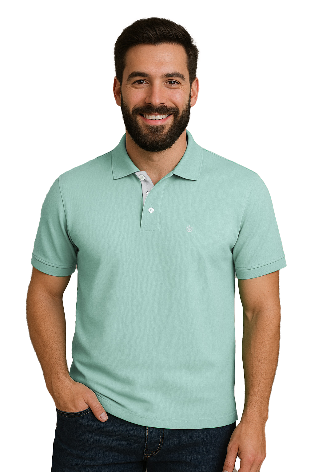 Modelo joven sonriendo vistiendo un polo Dubrovnik verde menta de corte regular, resaltando el detalle de la carterita interna en gris perla y botones blanco