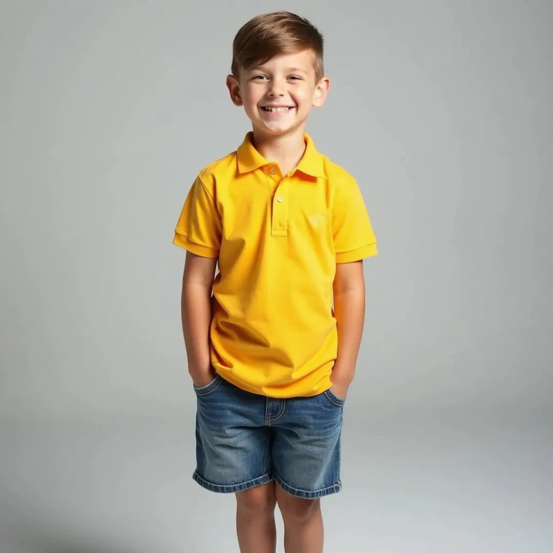 Niño sonriendo con las manos en los bolsillos vistiendo un polo de manga corta en color amarillo oro vibrante sobre fondo gris claro, de la marca Dubrovnik Kids.